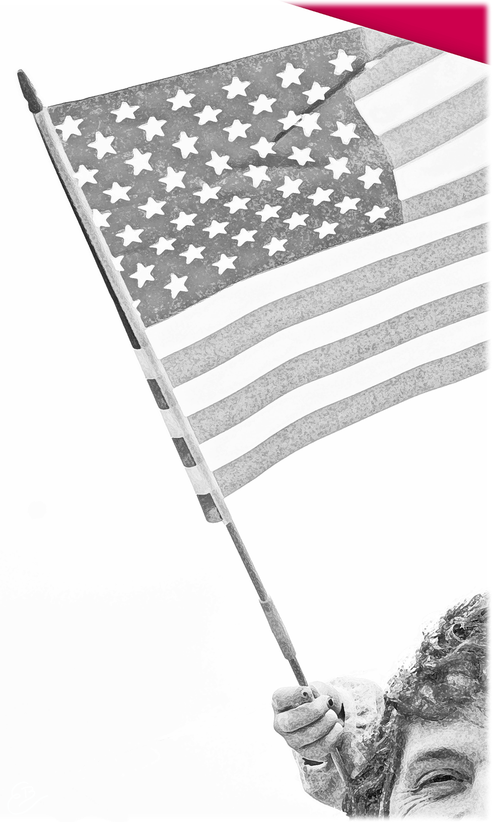 An American Flag a hand holding the flagpole and a human eye in Springdale Arkansas at a Demonstration in support of immigrants to the USA on 8 February 2025